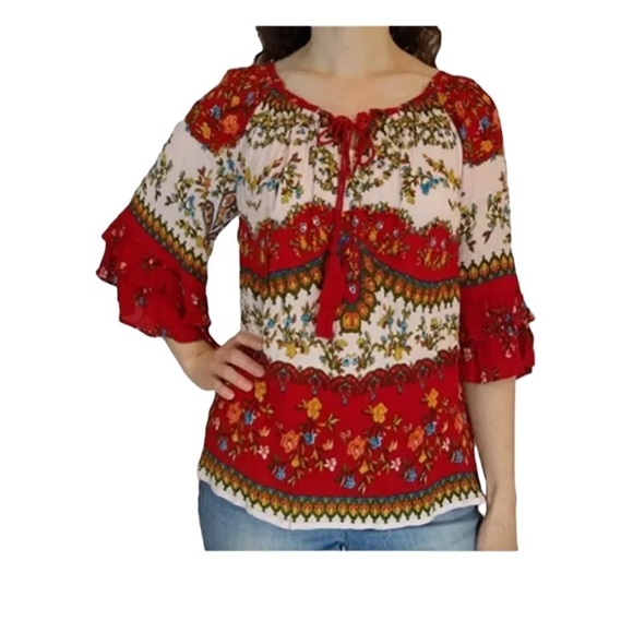 Bila Bohemian Peasant Blouse Bell Sleeves Tiered Floral Print Size XXL Western - Picture 1 of 11